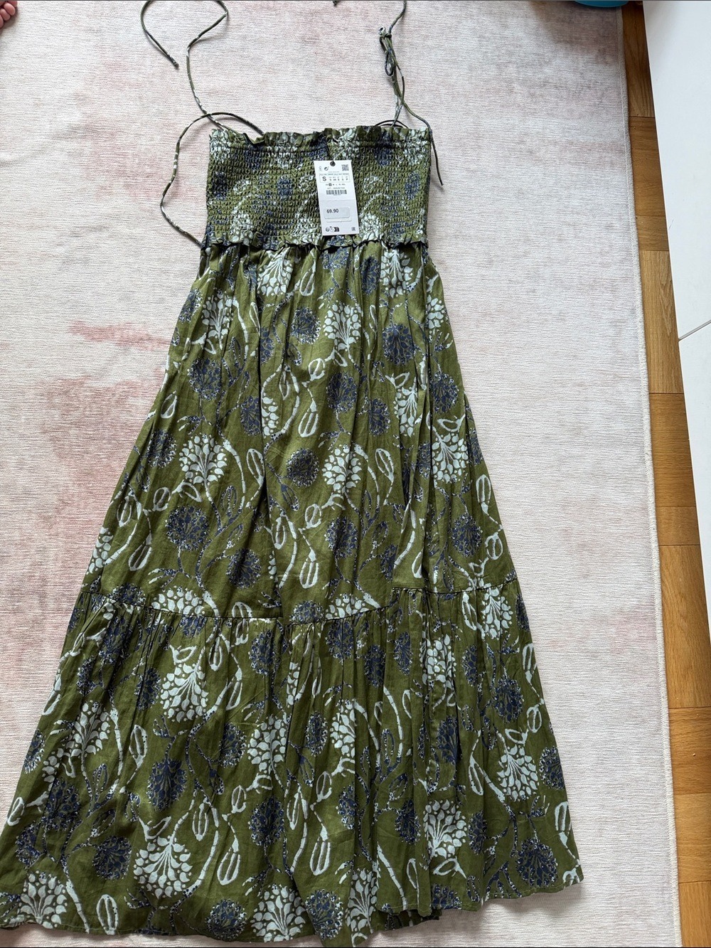 Zara Floral Maxi Dress Olive Green Smocked Bodice Small - Picture 1 of 5